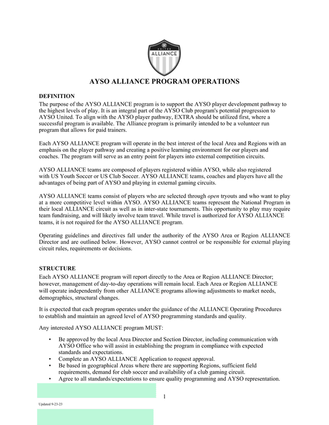 AYSO ALLIANCE PROGRAM OPERATIONS DEFINITION screenshot