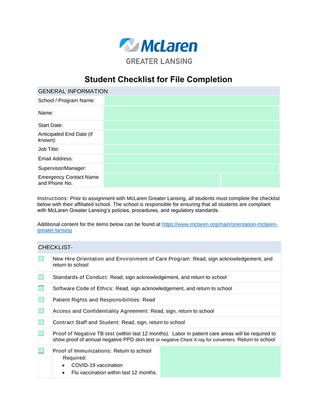 Student Checklist For File Completion screenshot