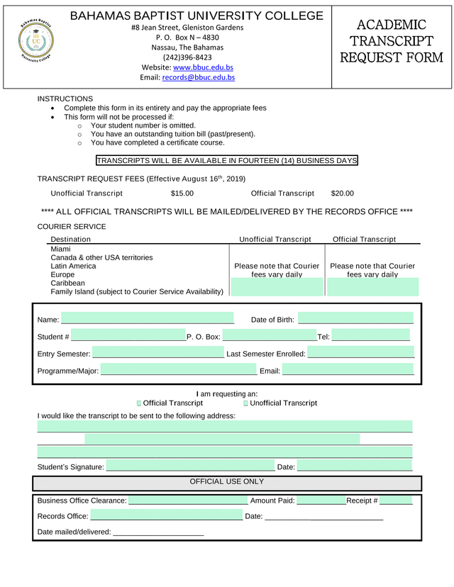 ACADEMIC TRANSCRIPT REQUEST FORM screenshot