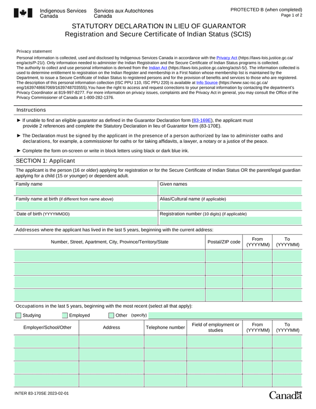 STATUTORY DECLARATION IN LIEU OF GUARANTOR Registration And Secure Certificate Of Indian Status (SCI screenshot