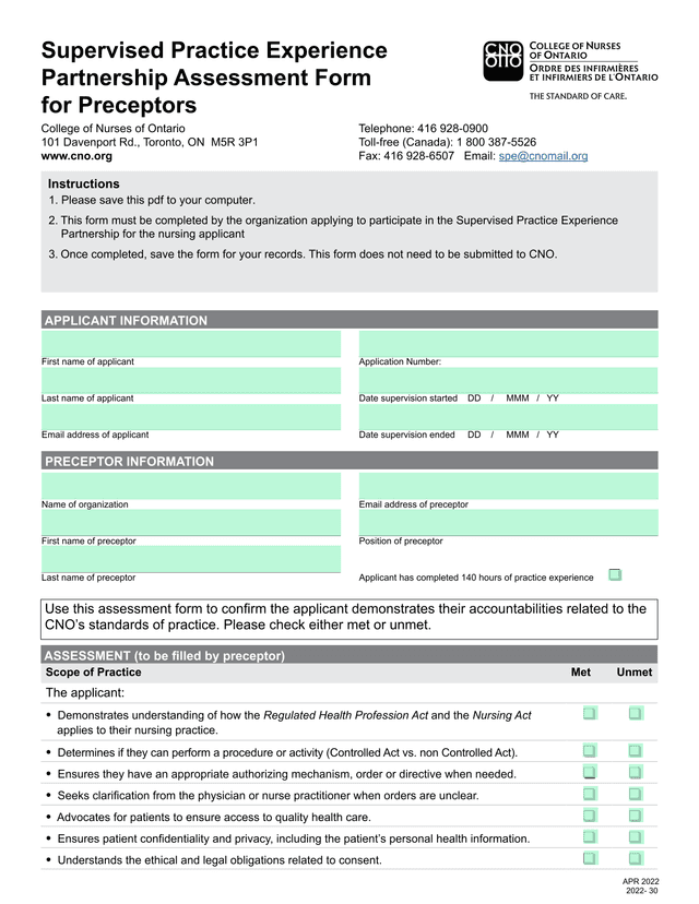 Supervised Practice Experience Partnership Assessment Form For Preceptors screenshot