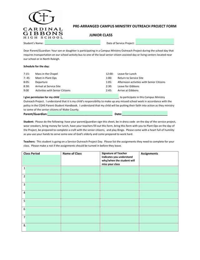 Pre Arranged Campus Ministry Outreach Project Form screenshot