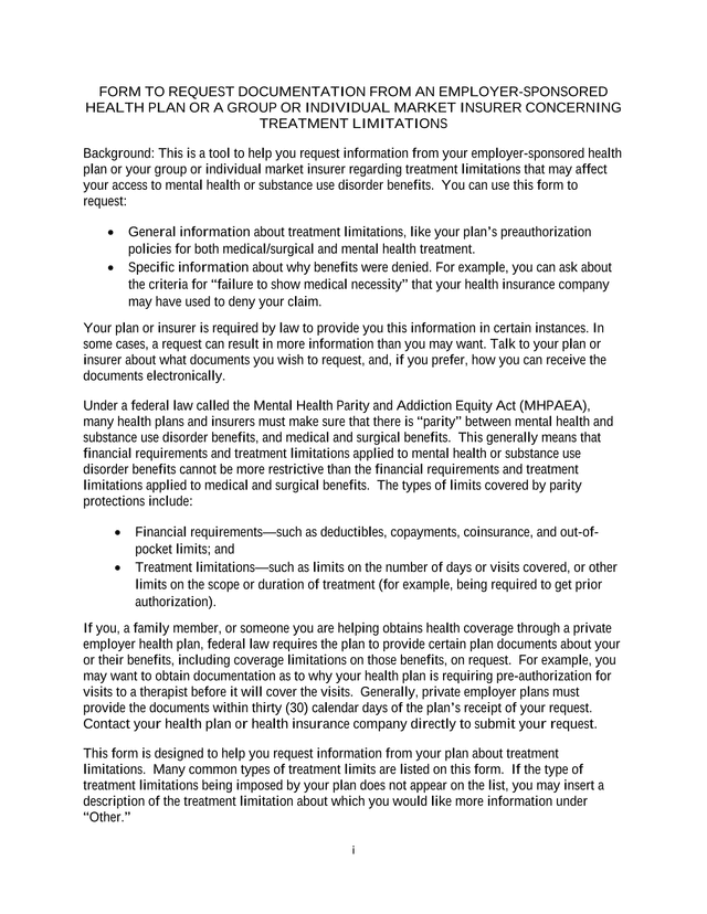 Form To Request Documentation From An Employer Sponsored Health Plan Or A Group Or Individual Market screenshot