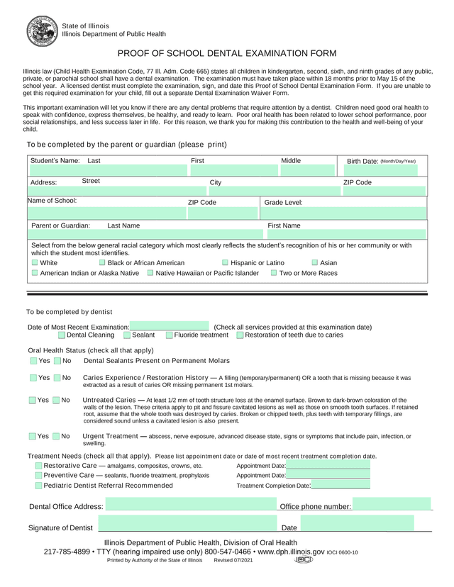 Proof Of School Dental Examination Form screenshot