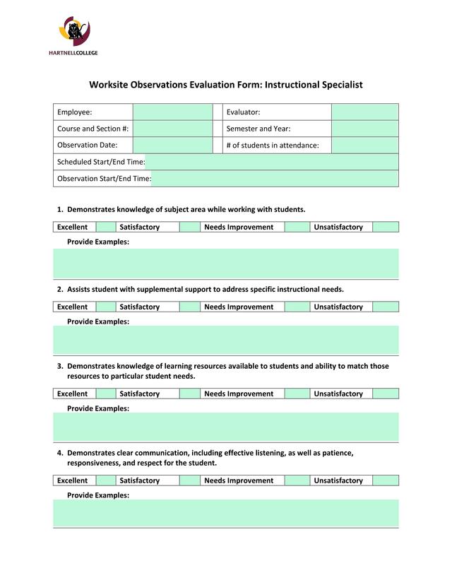 Worksite Observations Evaluation Form Instructional Specialist screenshot