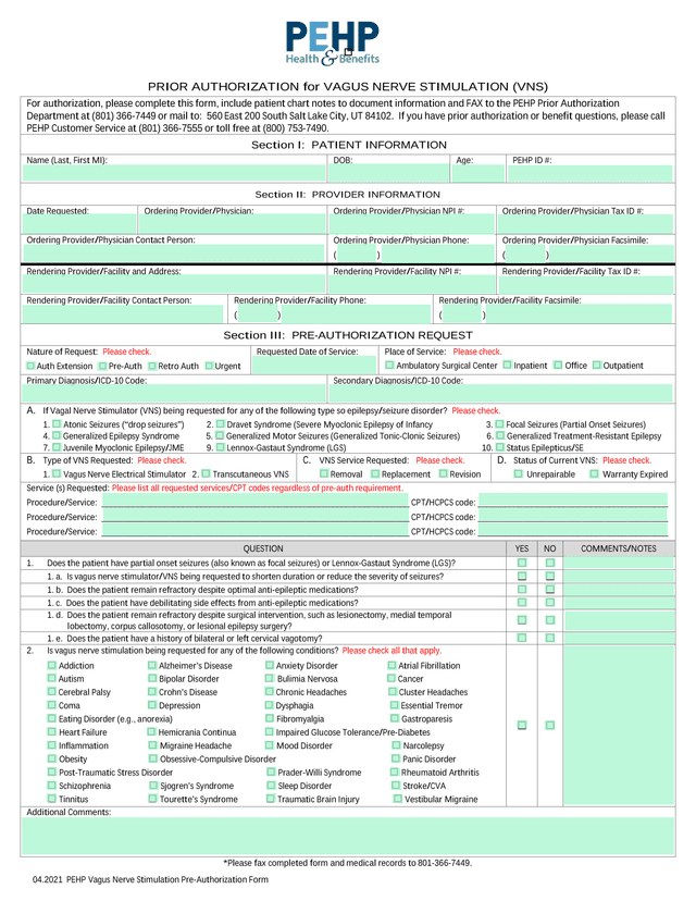 PEHP Vagus Nerve Stimulation Pre Authorization Form screenshot