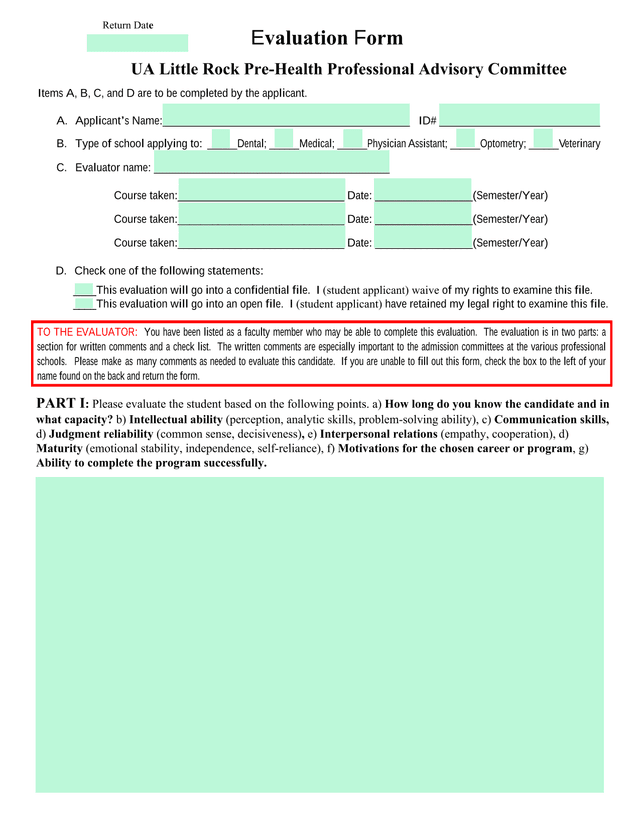 Evaluation Form screenshot