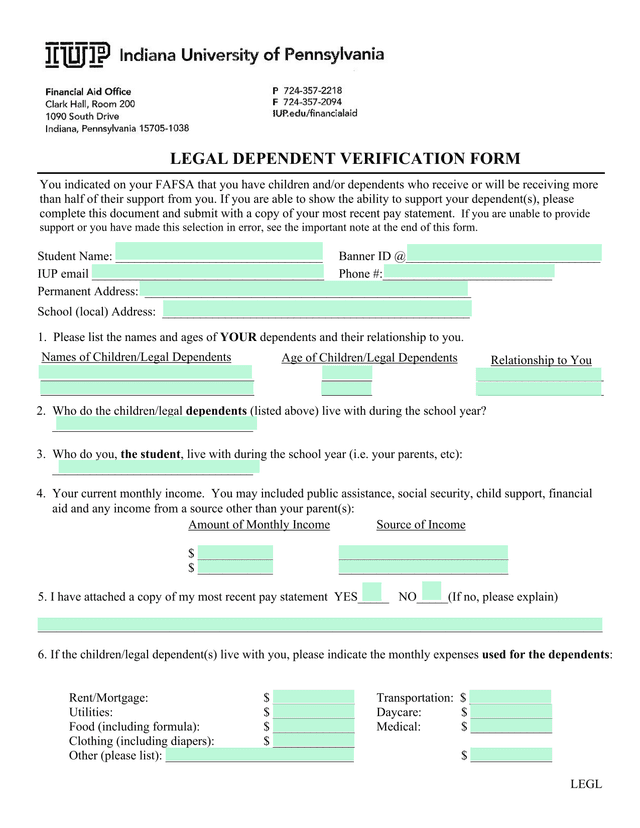 Legal Dependent Verification Form screenshot
