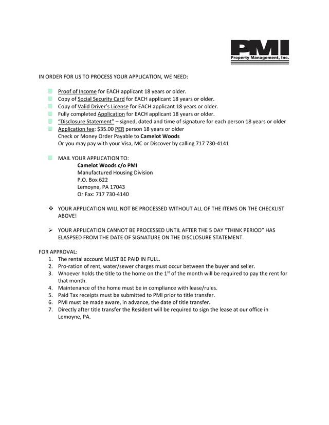 Camelot Woods Rental Application Checklist screenshot