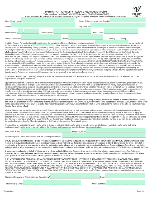Participant Liability Release And Waiver Form screenshot