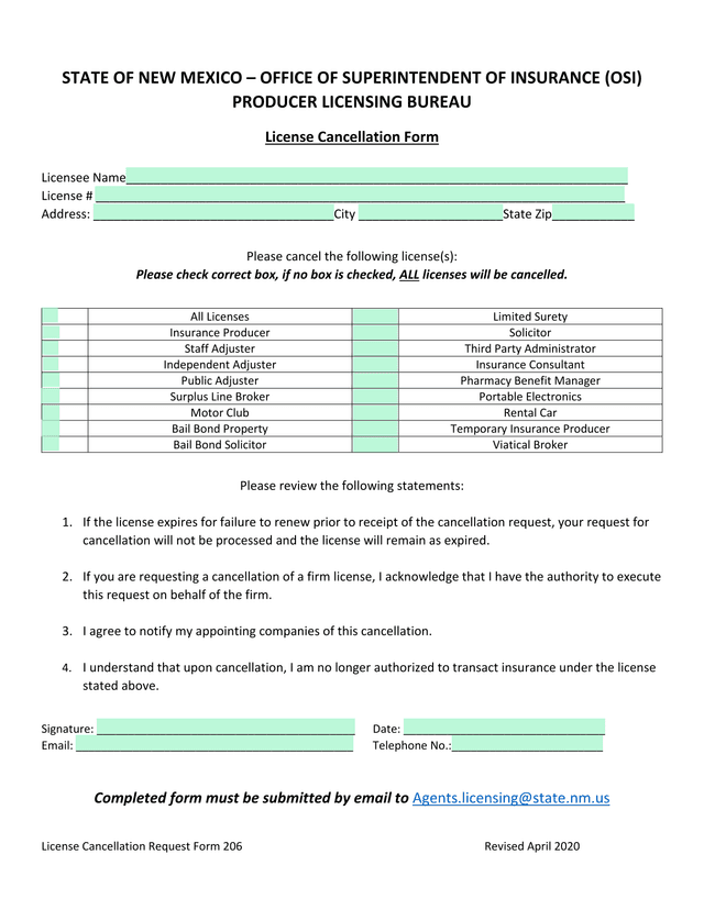 License Cancellation Request Form 206 screenshot