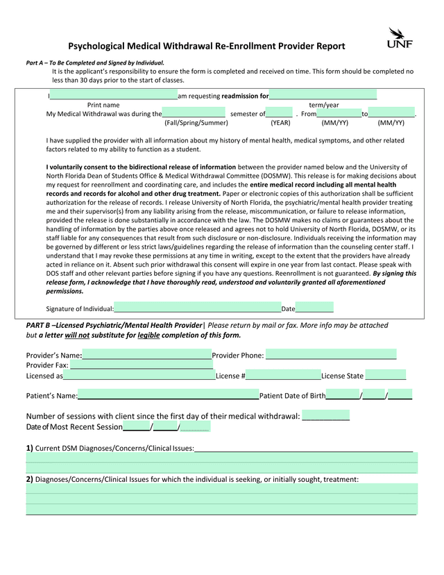 Psychological Medical Withdrawal Re Enrollment Provider Report Part A screenshot