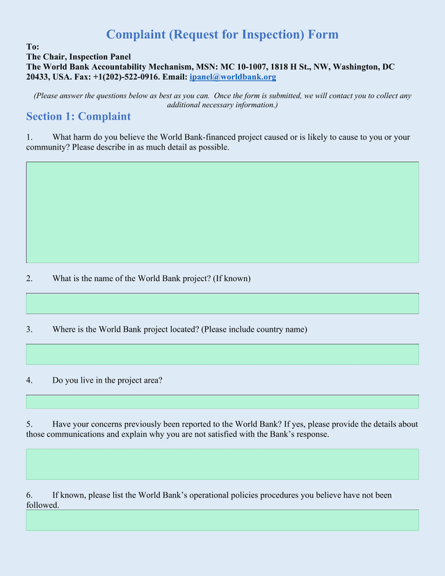 Complaint (Request For Inspection) Form screenshot