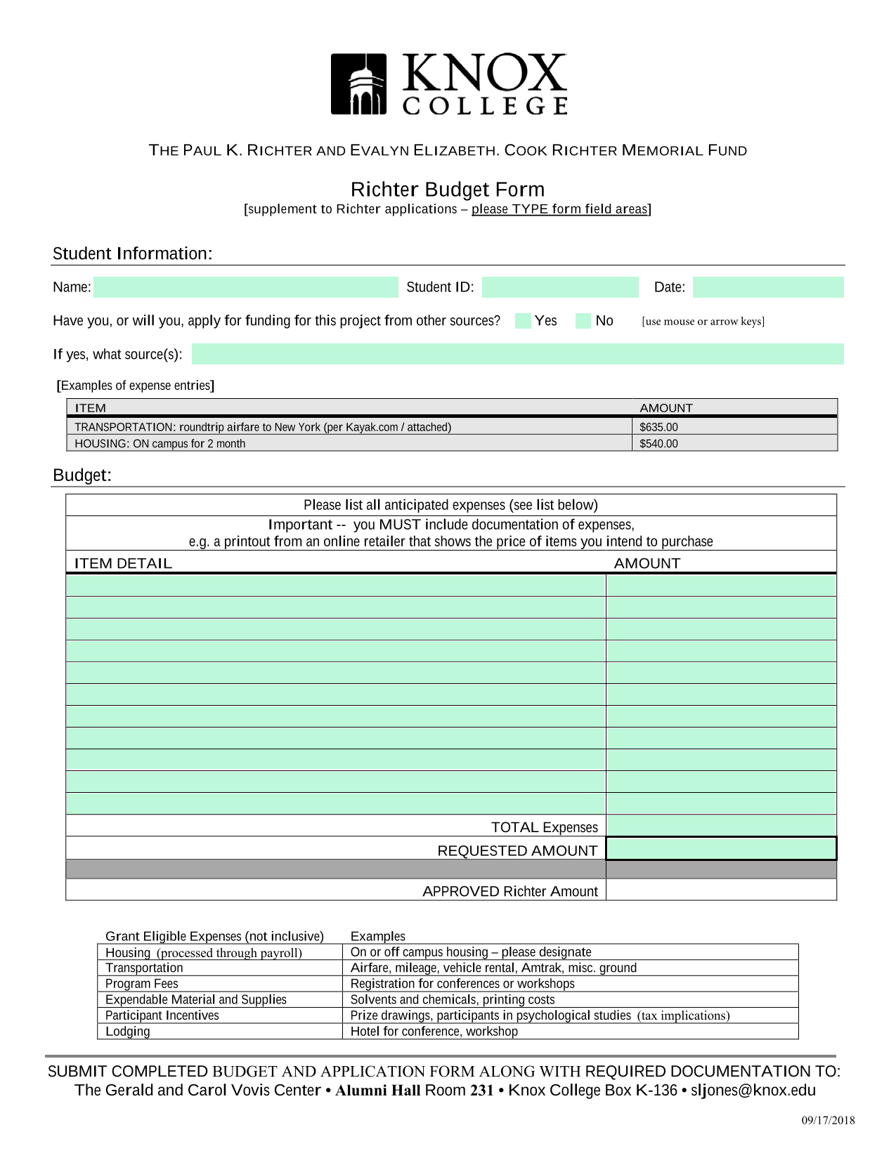 Richter Budget Form screenshot