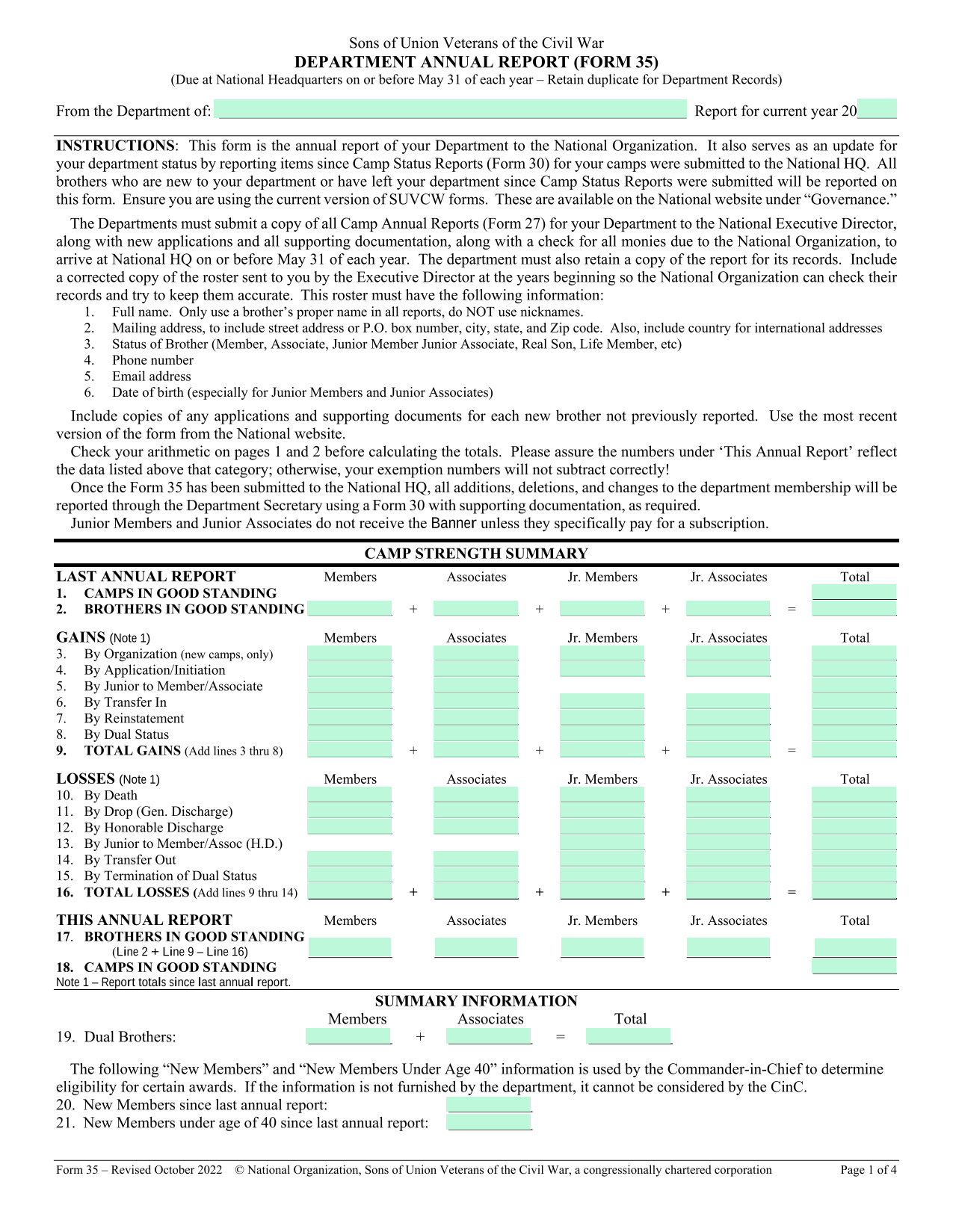 Sons Of Union Veterans Of The Civil War Department Annual Report (Form 35) screenshot