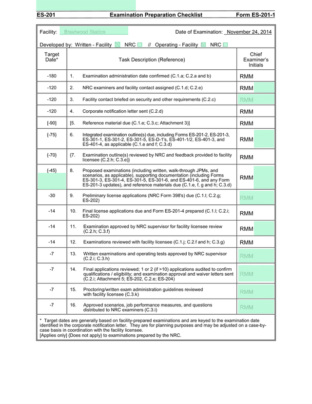 ES 201 Examination Preparation Checklist screenshot