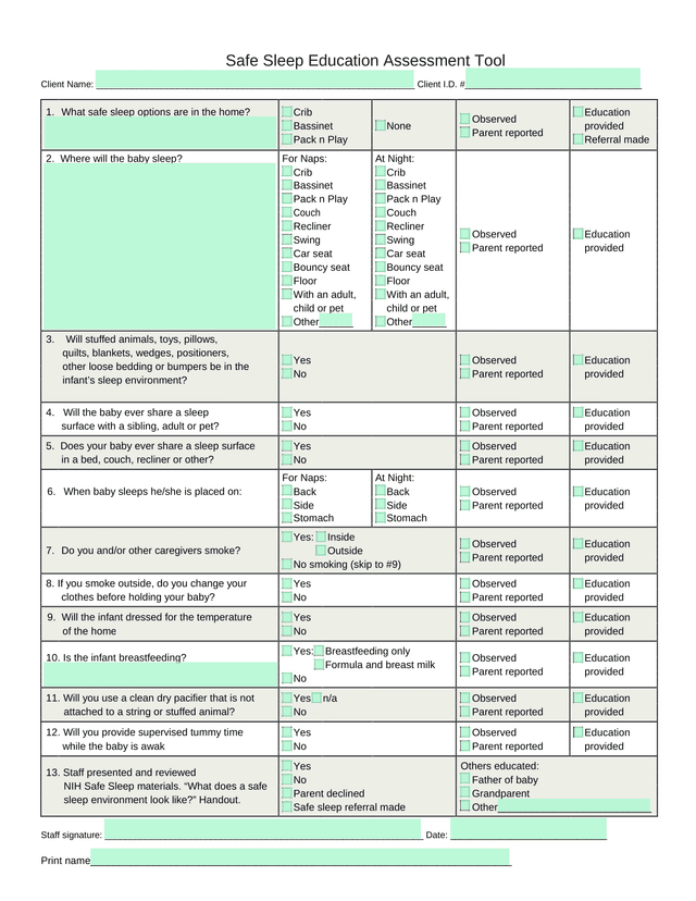 Safe Sleep Education Assessment Tool screenshot