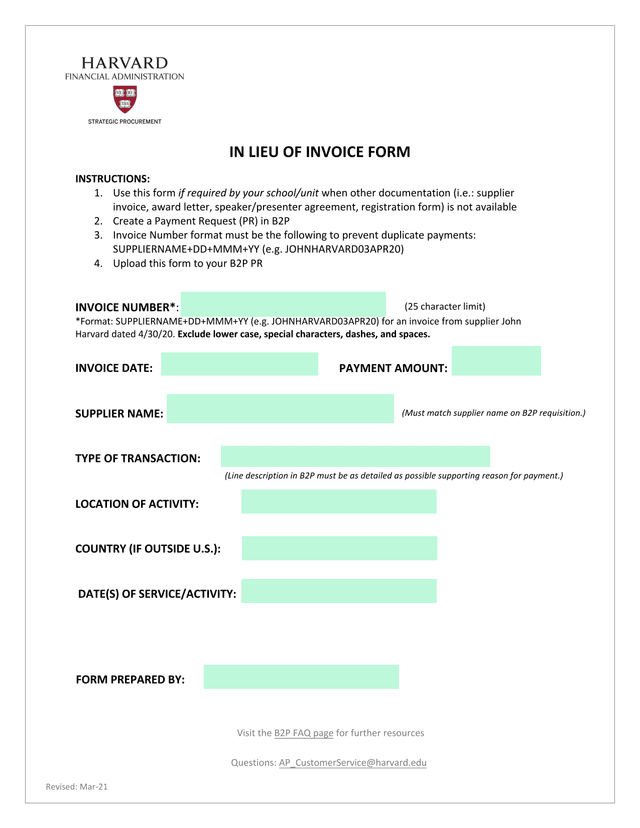 IN LIEU OF INVOICE FORM screenshot