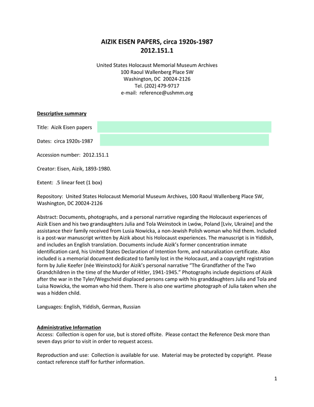 Aizik Eisen Papers screenshot