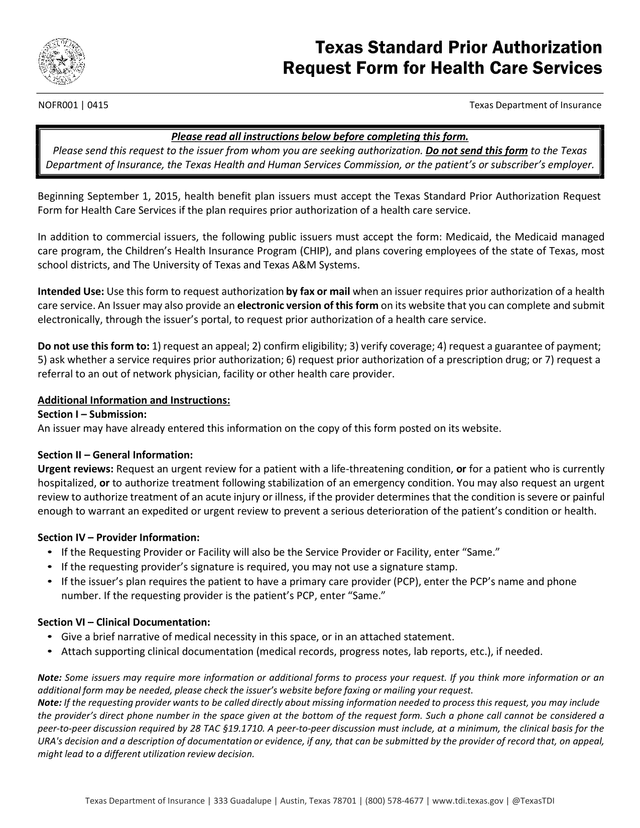Texas Standard Prior Authorization Request Form For Health Care Services screenshot
