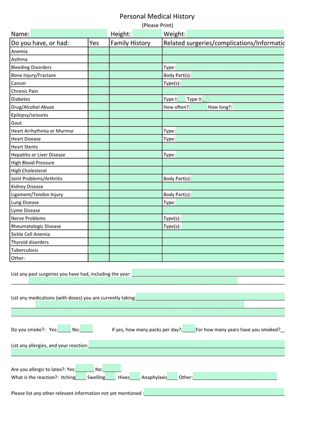 Personal Medical History screenshot