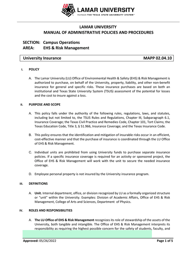 LAMAR UNIVERSITY   UNIVERSITY INSURANCE POLICY screenshot