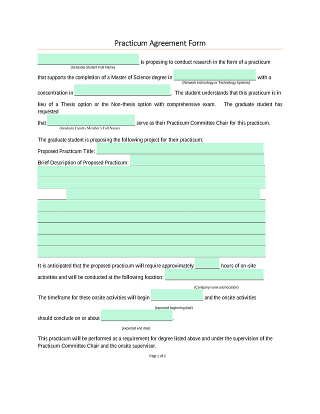 Practicum Agreement Form screenshot