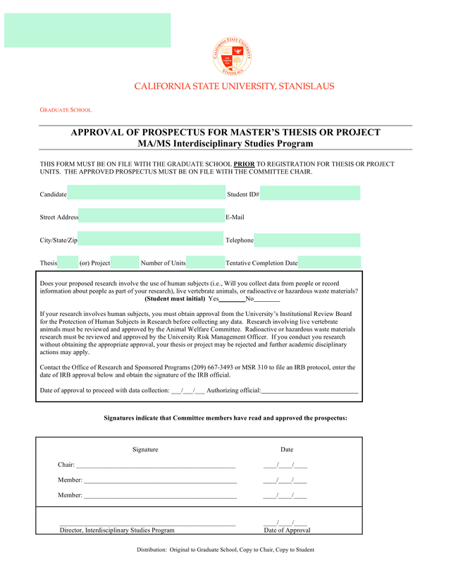 APPROVAL OF PROSPECTUS FOR MASTERS THESIS OR PROJECT screenshot