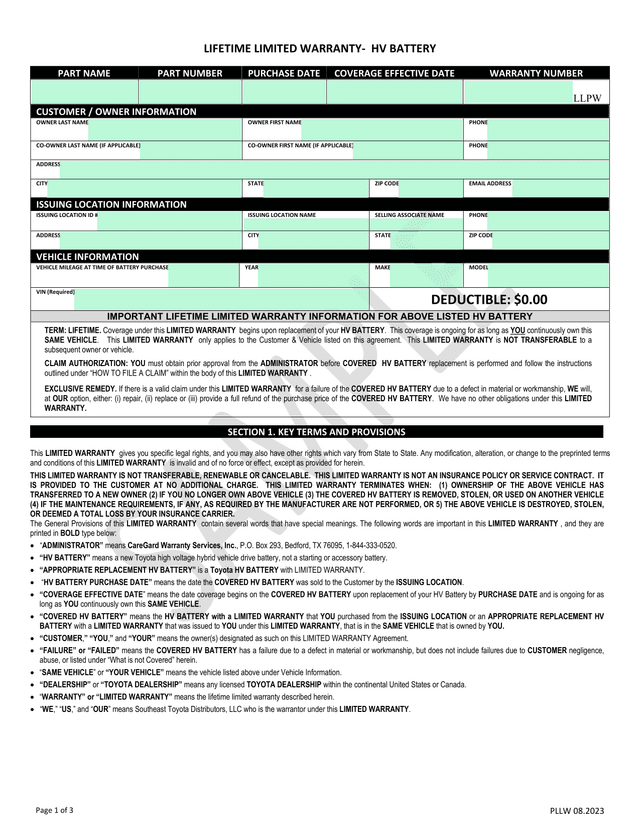 Lifetime Limited Warranty   HV Battery screenshot