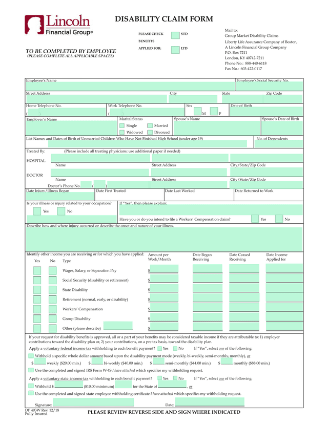 Disability Claim Form screenshot