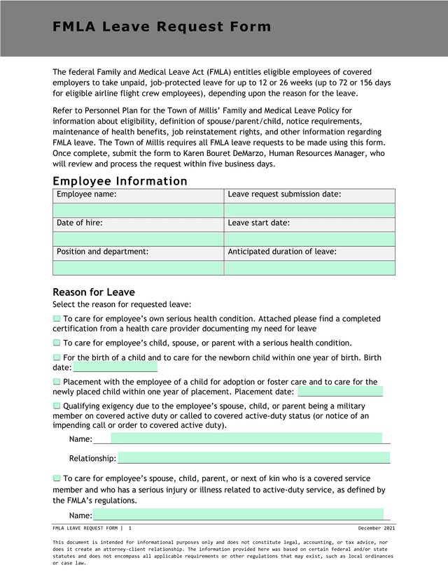 FMLA Leave Request Form screenshot