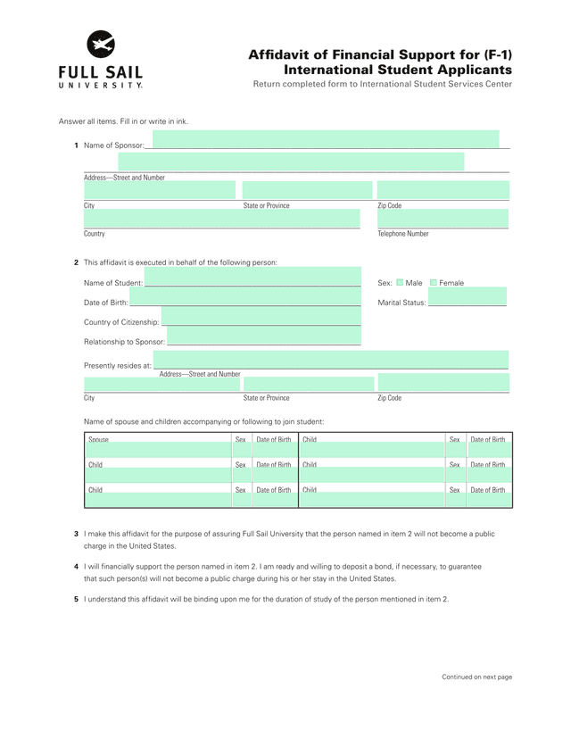 Affidavit Of Financial Support For (F 1) International Student Applicants screenshot