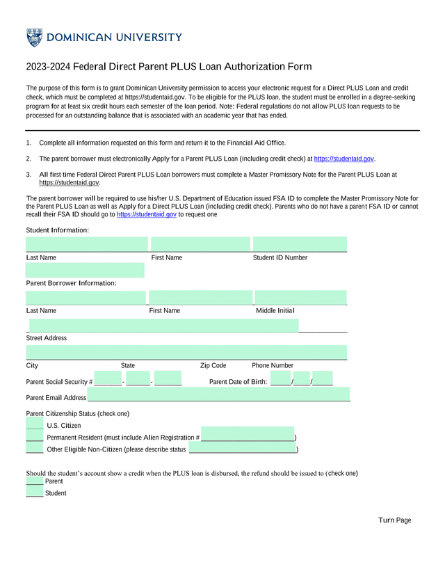 2023 2024 Federal Direct Parent PLUS Loan Authorization Form screenshot