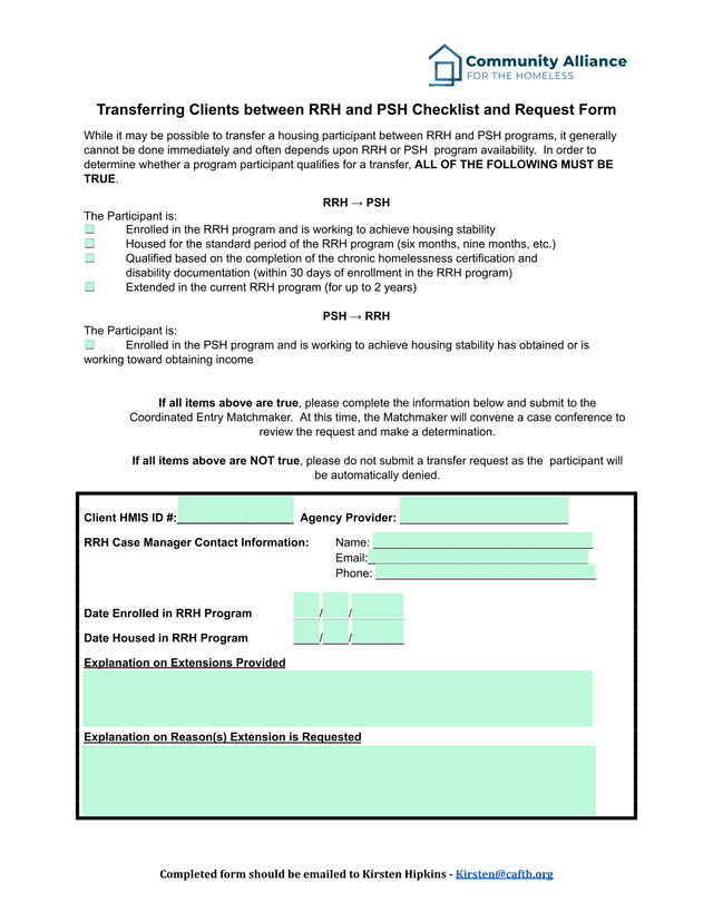 Transferring Clients Between RRH And PSH Checklist And Request Form screenshot