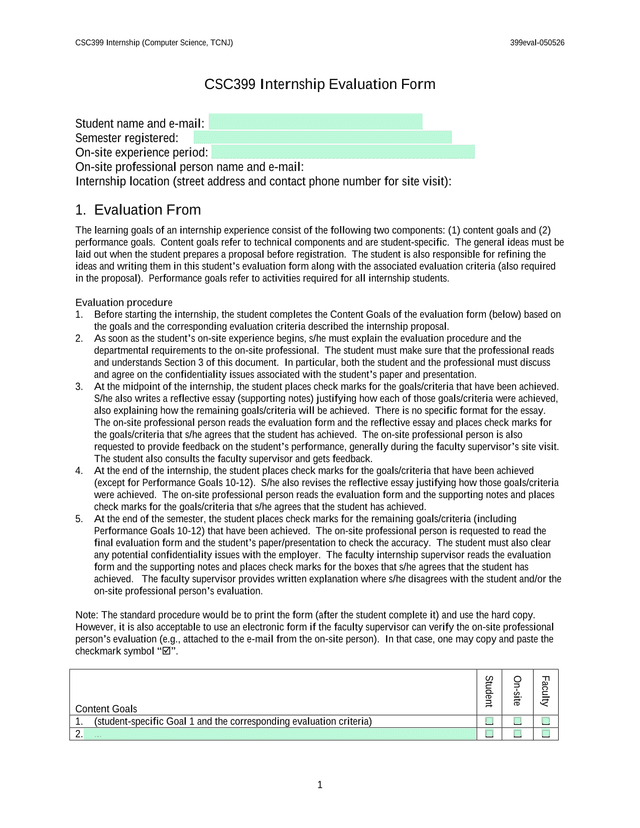 CSC399 Internship Evaluation Form screenshot