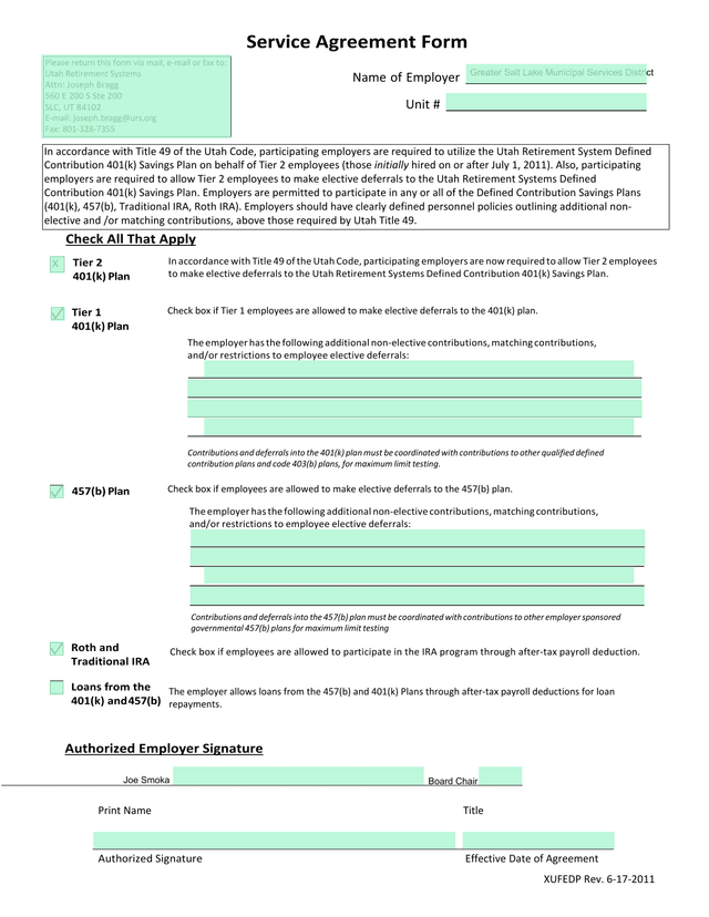 Utah Retirement System Defined Contribution Service Agreement Form screenshot