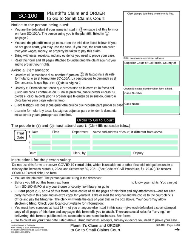 PlaintiffS Claim And ORDER To Go To Small Claims Court screenshot