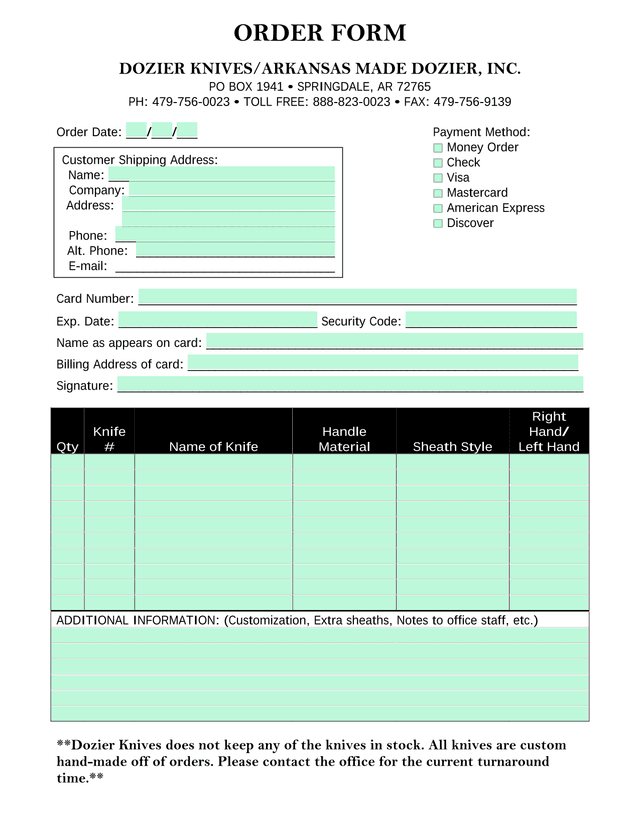 Dozier Knives Order Form screenshot