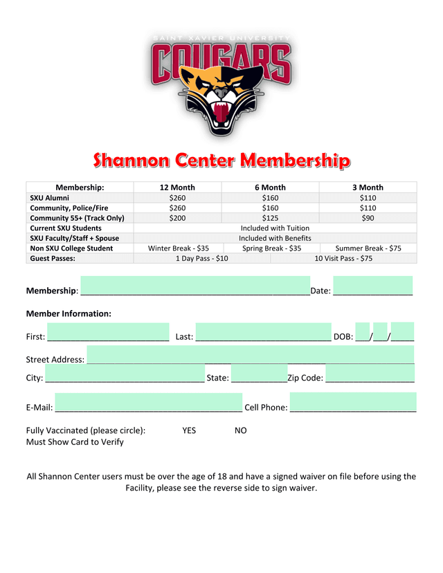 Shannon Center Membership Form screenshot