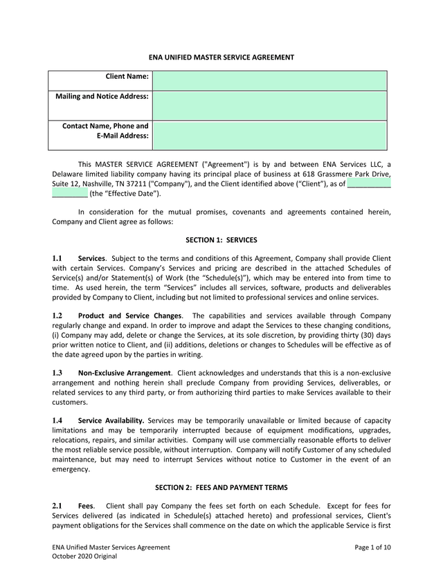ENA Unified Master Services Agreement screenshot