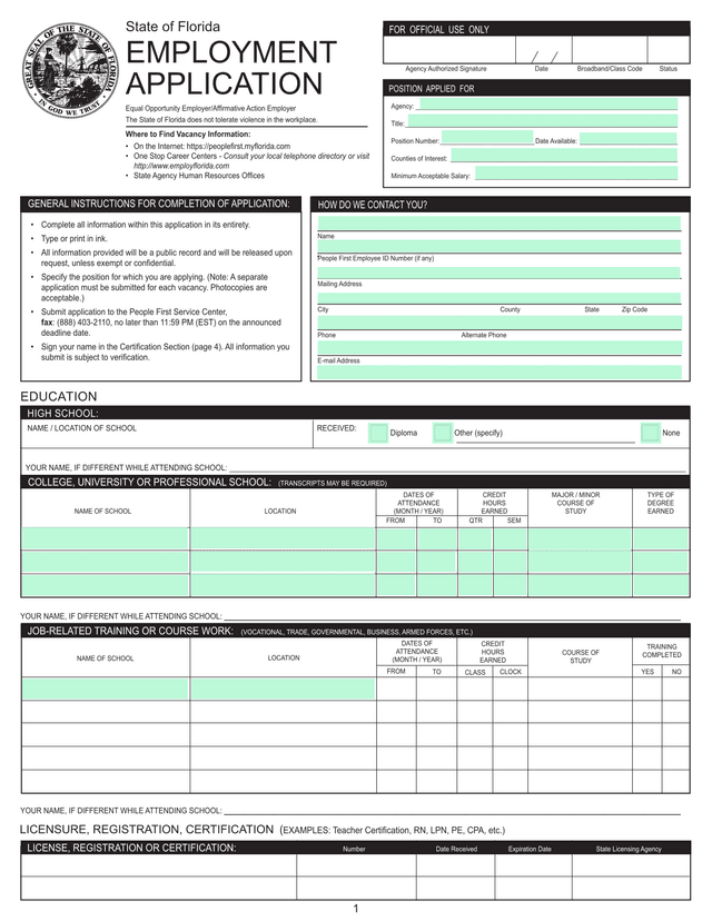 State Of Florida Employment Application screenshot