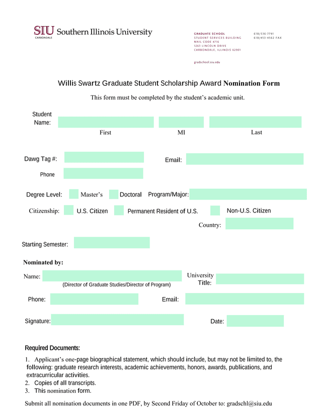 Willis Swartz Graduate Student Scholarship Award Nomination Form screenshot