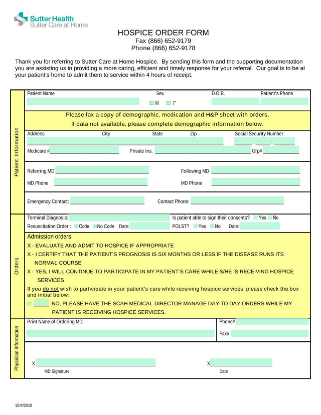HOSPICE ORDER FORM screenshot