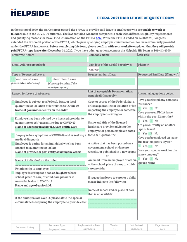 FFCRA 2021 Paid Leave Request Form screenshot