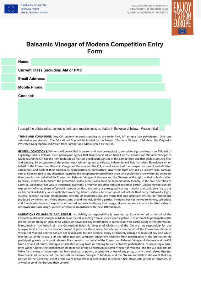Balsamic Vinegar Of Modena Competition Entry Form screenshot