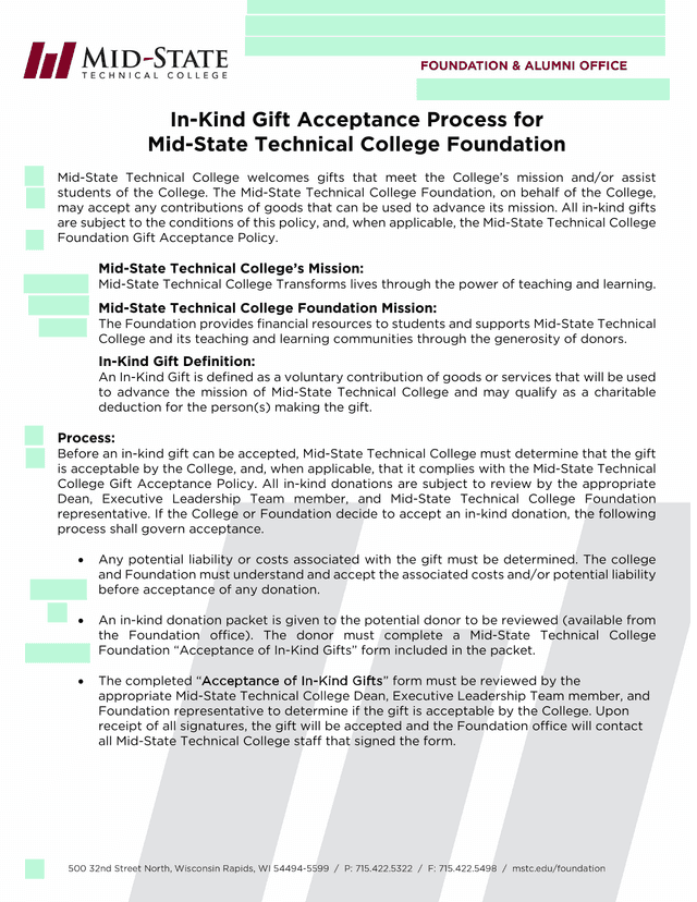 In Kind Gift Acceptance Process For Mid State Technical College Foundation screenshot