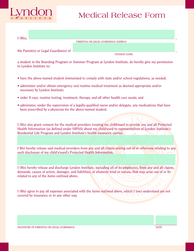 Medical Release Form screenshot