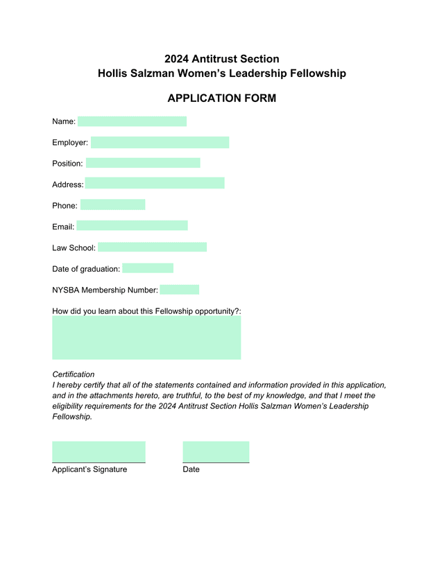 2024 Antitrust Section Hollis Salzman WomenS Leadership Fellowship Application Form screenshot