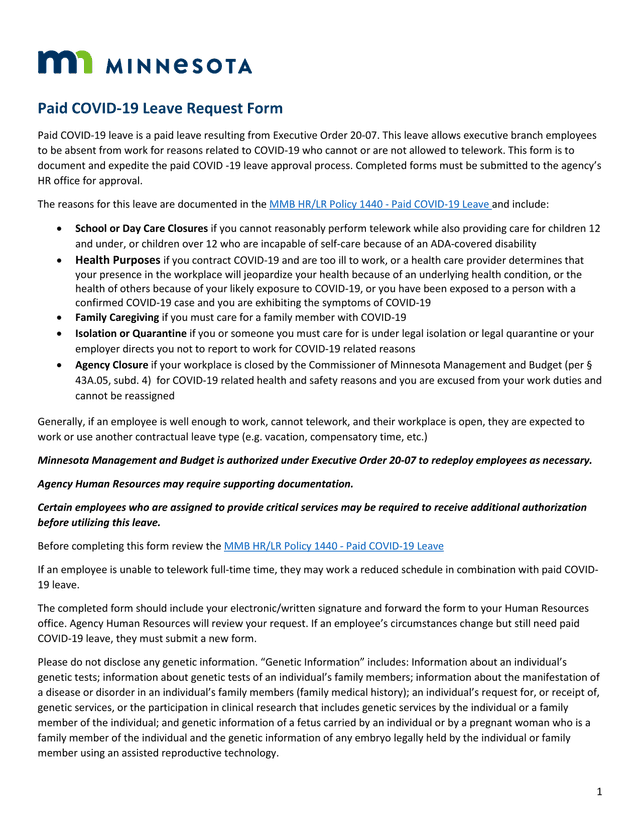 Paid COVID 19 Leave Request Form screenshot