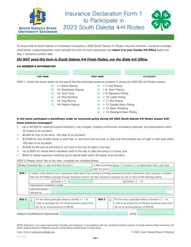 Insurance Declaration Form 1 To Participate In 2023 South Dakota 4 H Rodeo screenshot